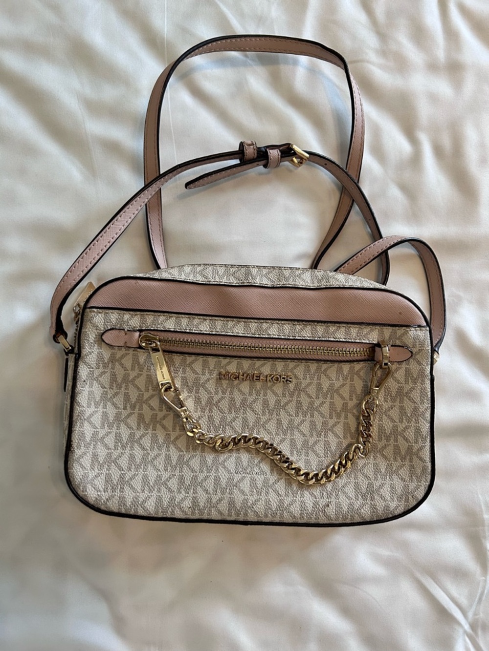 Michael Kors Beige Signature MK Crossbody with Pink Trim and Gold Chain